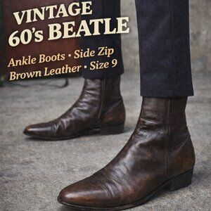 Vintage 60's Beatle ankle side-zip boots brown leather 9 Mod Hip